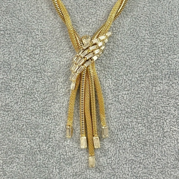 Vintage Signed Fjj Gold Tone Mesh And Serpentine Twist Necklace with Baguettes - Picture 2 of 4